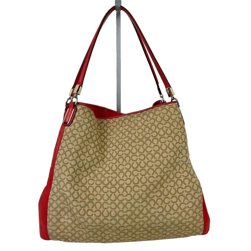 Coach Madison Needlepoint Op Art Shoulder Bag Phoebe Coral Red Monogram Logo